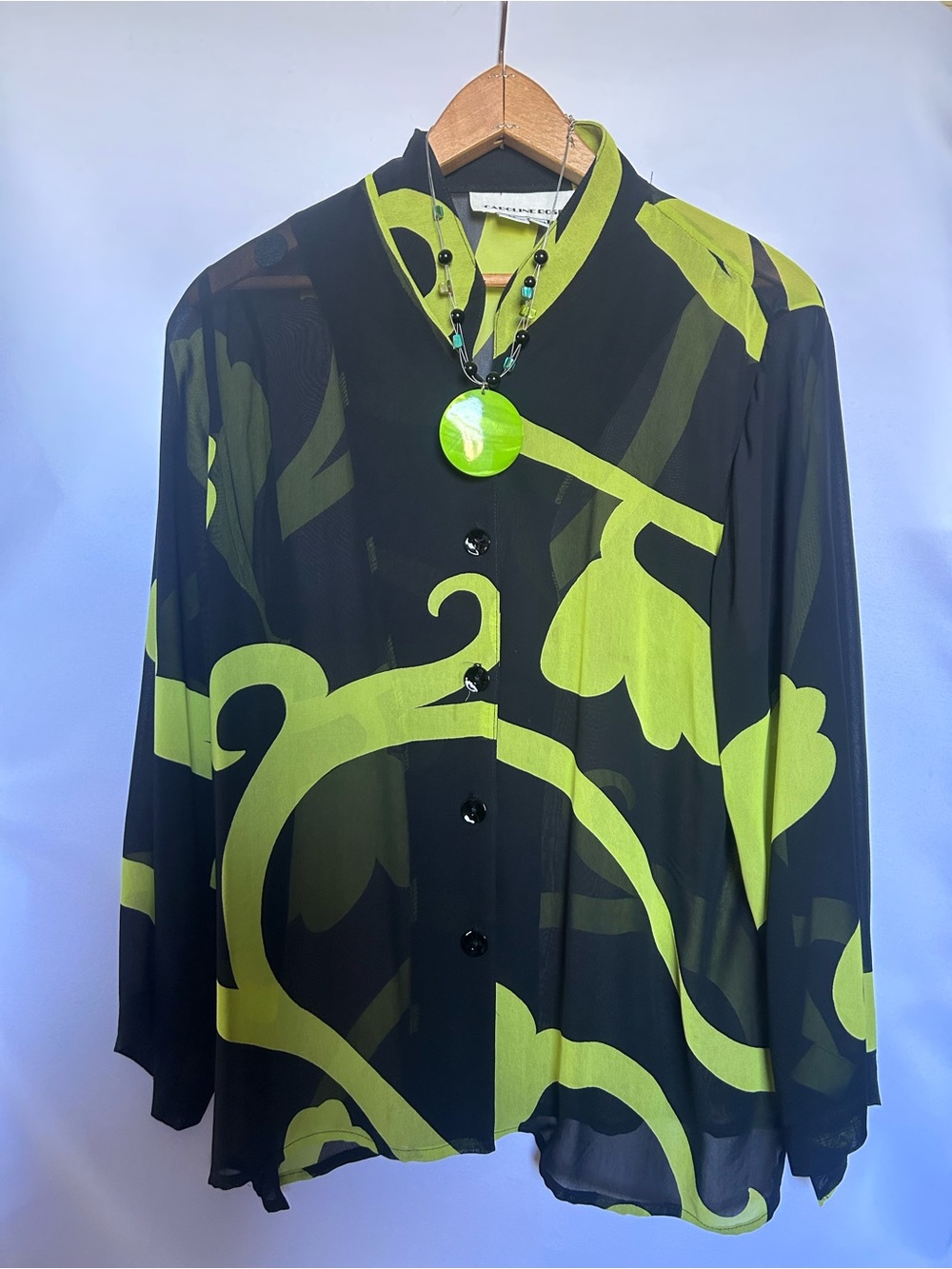 Caroline Rose- Sheer Black Blouse with Lime Green Abstract Print -